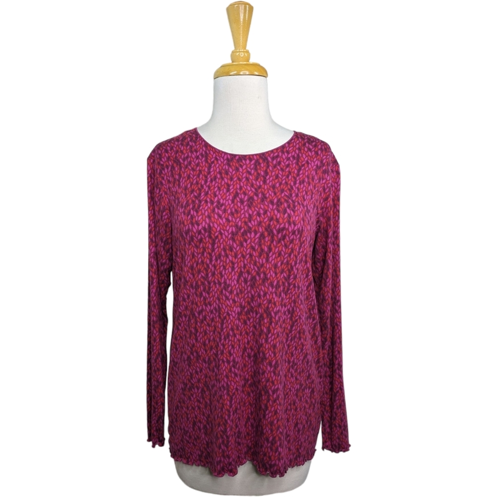 Gudrun Sjoden Pullover Top Medium Purple Pink Leaves Print Lettuce Hem Long Slee